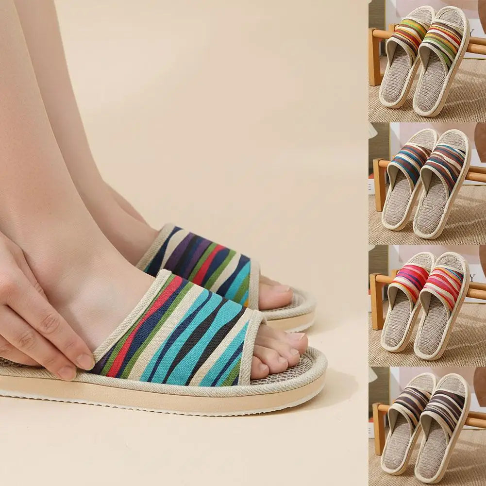Striped Linen Open Toe Slippers Breathable Indoor House Slippers Anti Slip EVA Sole Lightweight Casual Home Slides For Men Women