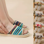 Striped Linen Open Toe Slippers Breathable Indoor House Slippers Anti Slip EVA Sole Lightweight Casual Home Slides For Men Women