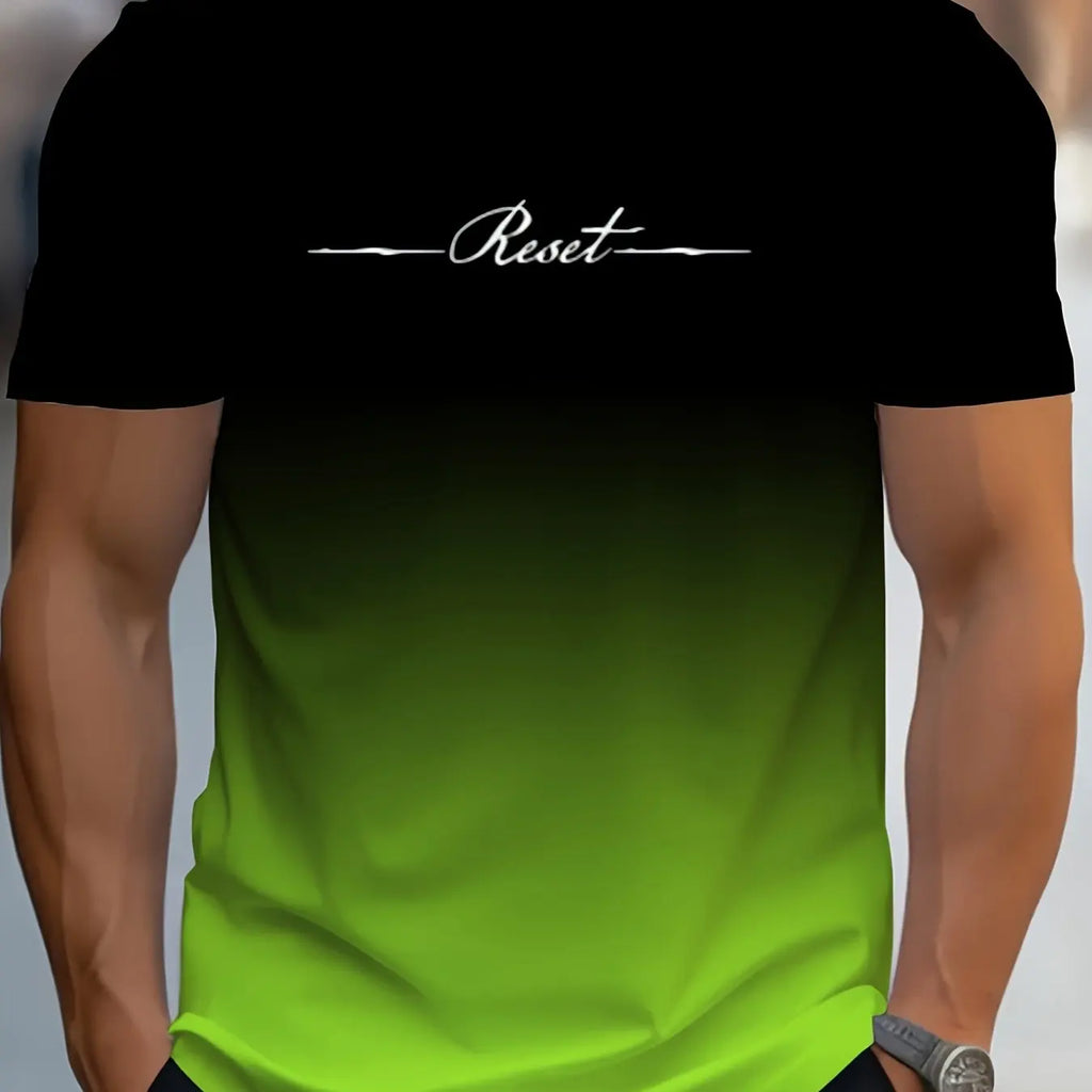 Alphabet Print Gradient Crew Neck Short Sleeve T-shirt For Men, Casual Summer T-Shirt For Daily Wear And Vacation Resorts
