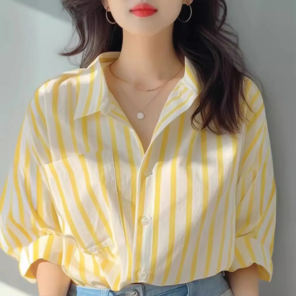 Yellow and white vertical striped shirt women spring and autumn new shirt European casual explosive long-sleeved shirt Secondary image