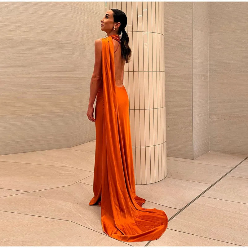 Elegant Ribbon Halter Dress Women Solid Off Shoulder Sleeveless Backless Slim Maxi Dresses 2026 Summer Autumn Party Robes Lady