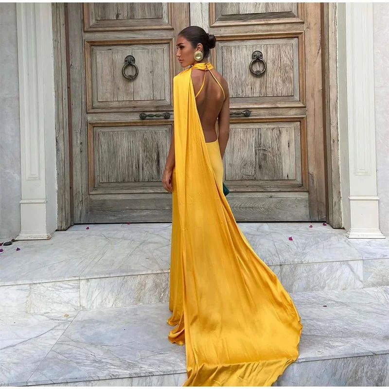 Elegant Ribbon Halter Dress Women Solid Off Shoulder Sleeveless Backless Slim Maxi Dresses 2026 Summer Autumn Party Robes Lady