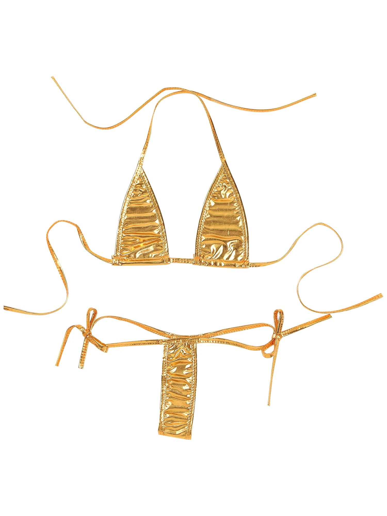 Womens Brazilian Micro Bikini Swimsuit Biquini Set Lacing Non-Padded Triangle Cup Bra Top with G-String Metallic Shiny Swimwear