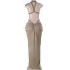 Halter Cut-Out Draped Super-Cut Back Bare Elegant Party Maxi Dress Waistless Backless Sleeveless Khaki Evening Prom Long Dress