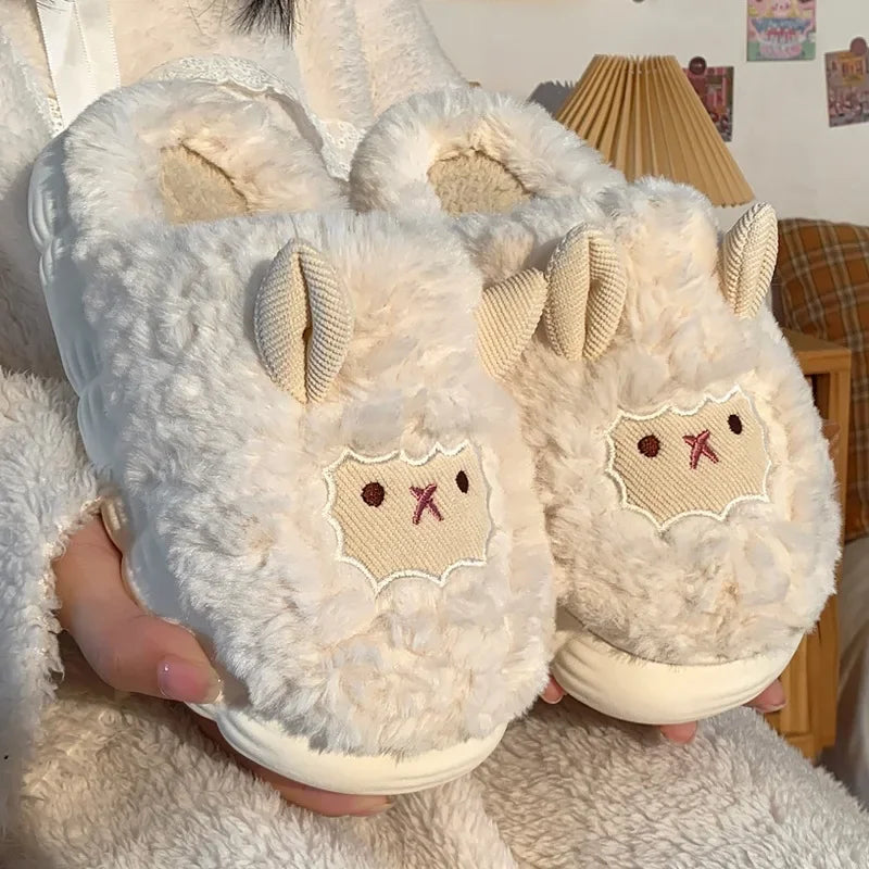 Winter Cartoon Plush Slippers Warm Fluffy Faux Fur Sheep Design Indoor Home Couple Cotton Slippers for Men And Women Main image