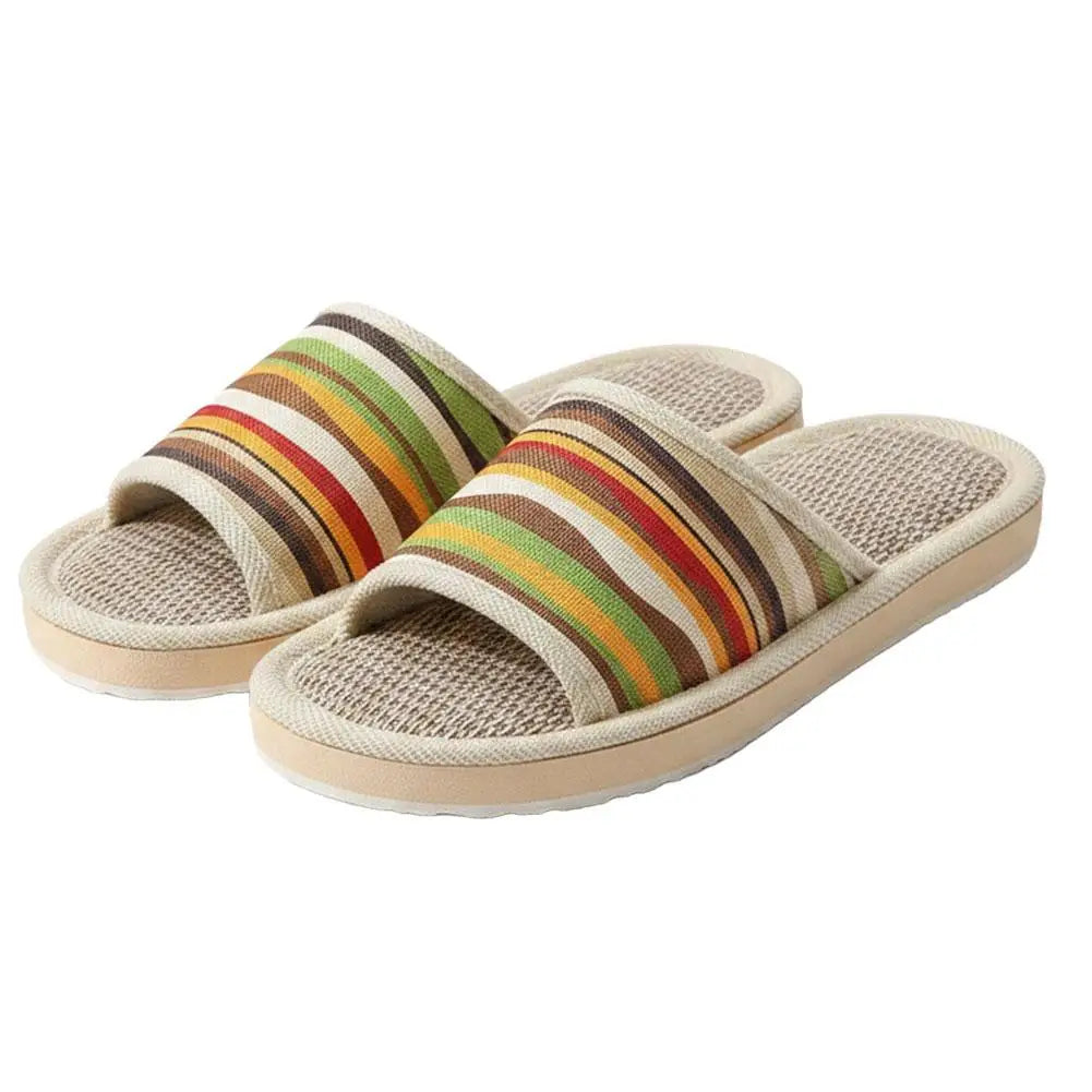Striped Linen Open Toe Slippers Breathable Indoor House Slippers Anti Slip EVA Sole Lightweight Casual Home Slides For Men Women