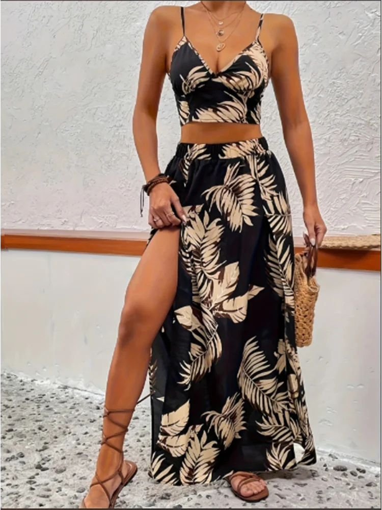 Elegant Deep V-neck Dress Women Summer Sleeveless Printed Vest Skirt Set Sexy High Slit Trend Dresses Main image