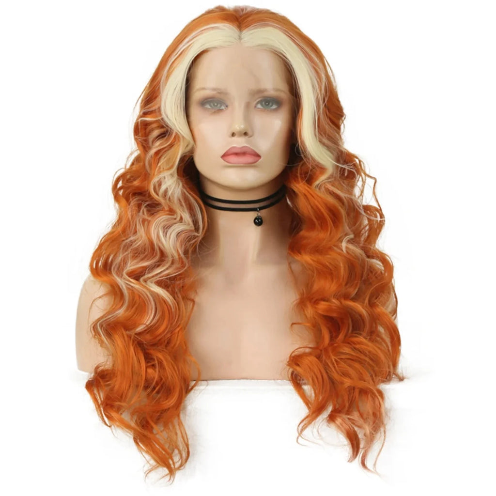 Ginger Wig with Blonde Highlights Wig Synthetic Lace Front Wig Loose Deep Long Curly Wavy Hair 13X4 Frontal Wigs for Women Party