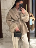 Elegant Lace Up Woolen Short Coat Solid Loose Lapel Furry Belt Long Sleeve Jacket Female 2025 Autumn Winter Lady Chic Cardigan