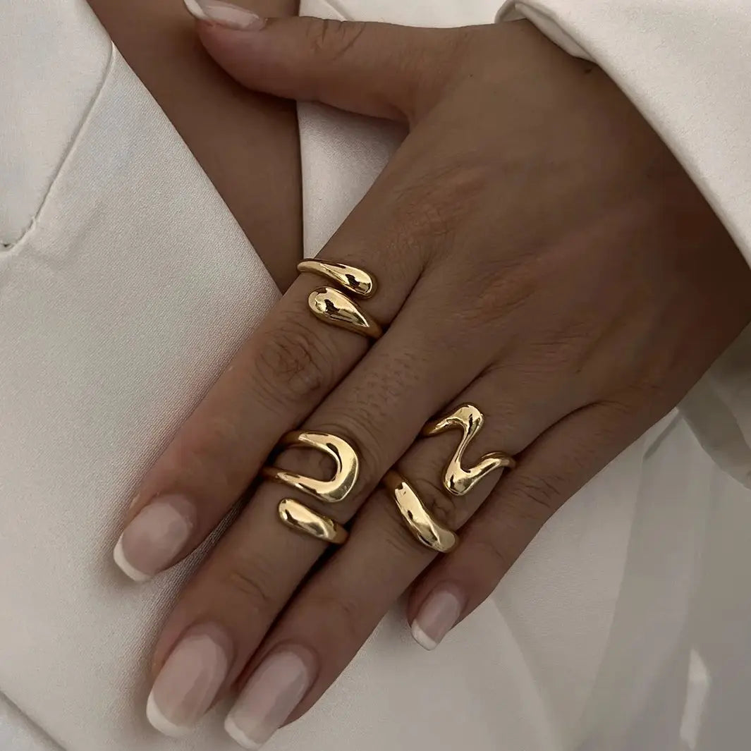 Punk Geometric Metal Irregular Rings for Women Men Vintage Gold Color Curved Open Ring Set Fashion Unisex Jewelry Gift Secondary image