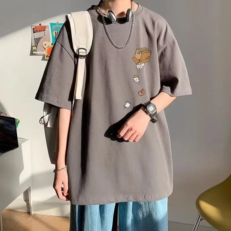 M-8XL Men Oversized Korean Fashion Loose American Vintage Carton Kitten Print Short Sleeve Versatile Trend Couple Outfit Secondary image