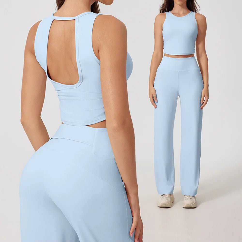 New Women Sportswear Yoga Set Sport Suit Gym Workout Clothes Gym Vest Crop Top High Waist Straight leg Pants Fitness Sports Wear Secondary image