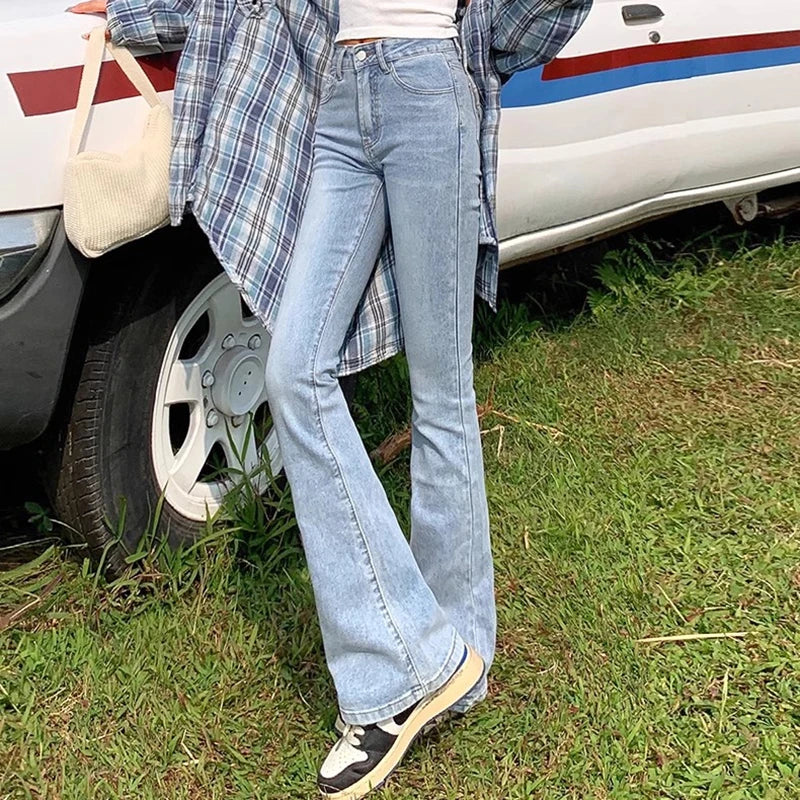 High Waist Flare Jeans - Elastic Bell Bottom Denim Pants