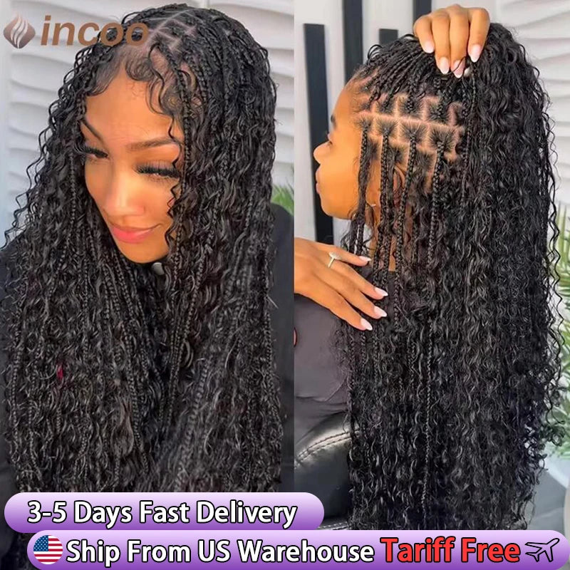 Boho Box Braided Wigs Curly Hair Synthetic Full Lace Front Wigs for Black Women Goddess Locs Braid Wig Bohemian Box Braid Wig Main image