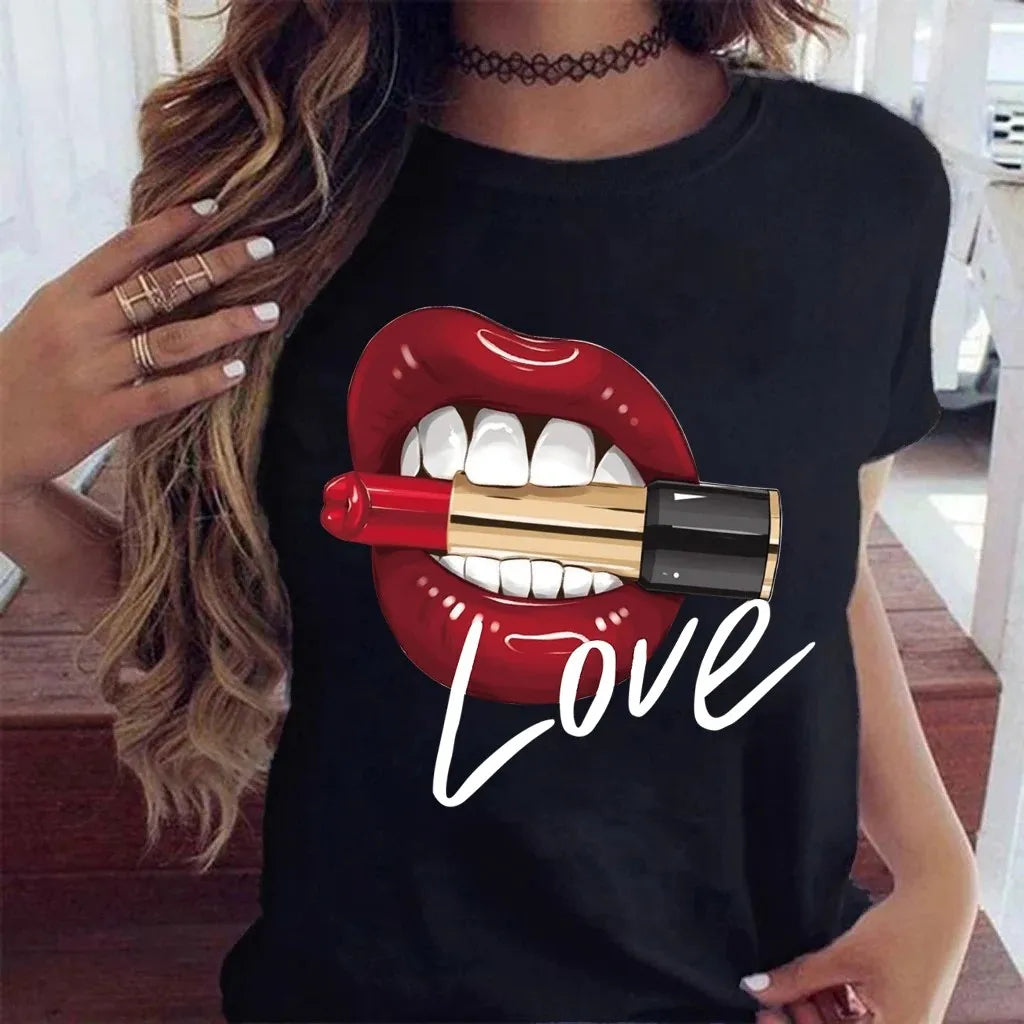 Women Tops O-neck Sexy Black Tees Kiss Lip Funny Summer Female Soft T Shirt Lips Watercolor Graphic T Shirt Top9180 Secondary image