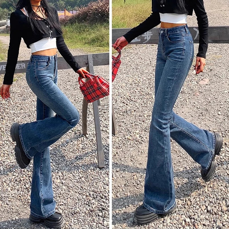 High Waist Flare Jeans - Elastic Bell Bottom Denim Pants