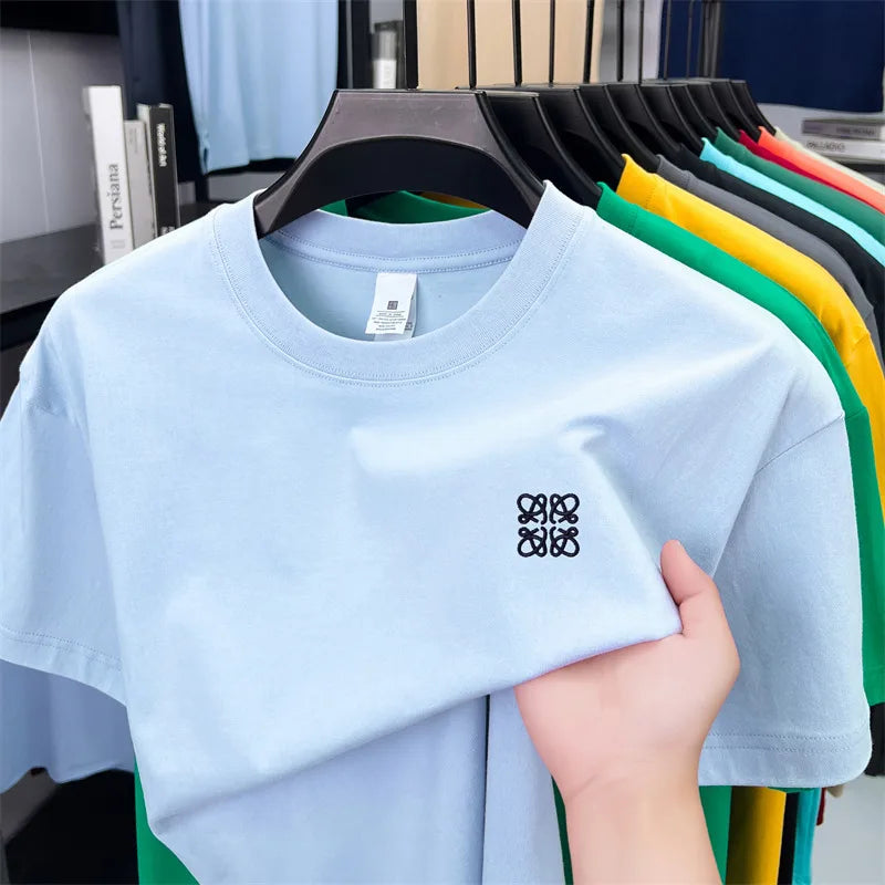 Summer Luxury 100%cotton Man Short-Sleeved T-Shirt Round Neck Delicate Embroidery Absorb Sweat Ventilate Leisure Men's Clothing