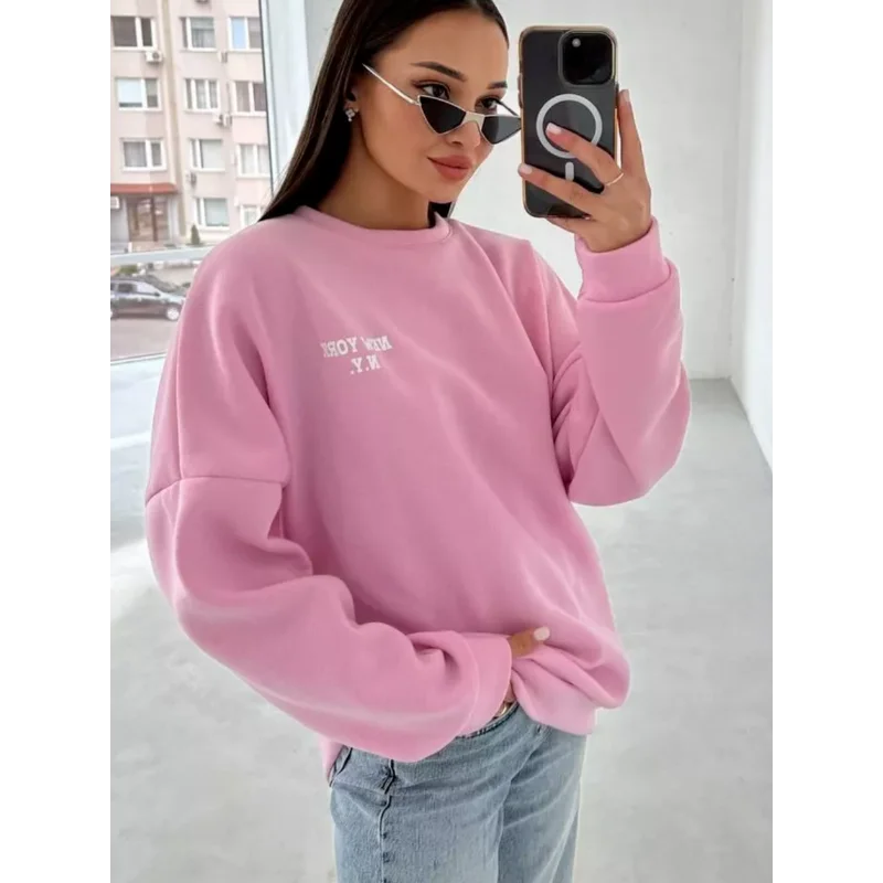 Popular Letter Printing Autumn Winter Loose Versatile Temperament Lazy Style Casual Round Neck Sweatshirt for Women Secondary image