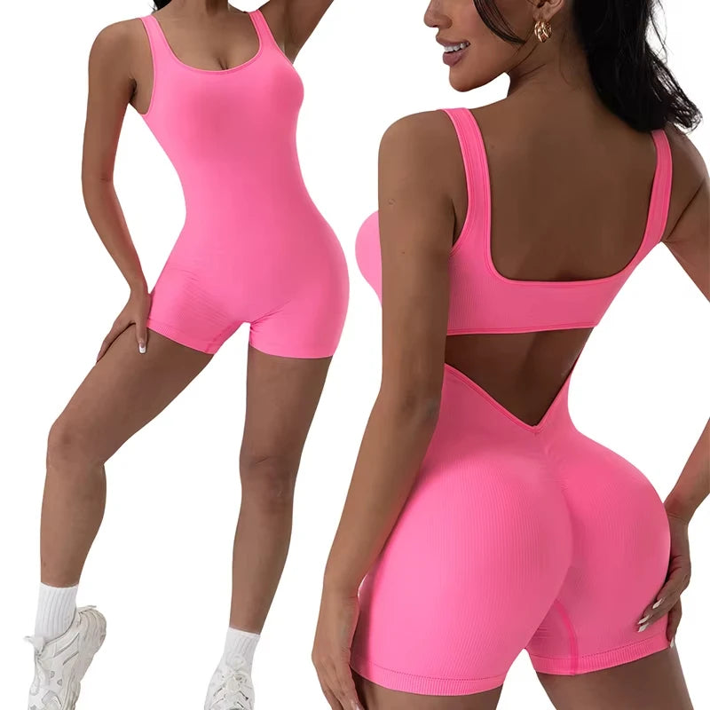 1PCS Backless Yoga Suit U Neck Sleeveless Sports Jumpsuit Solid Colour Threaded Stretch Women Bodysuit Without Bust Pads Main image