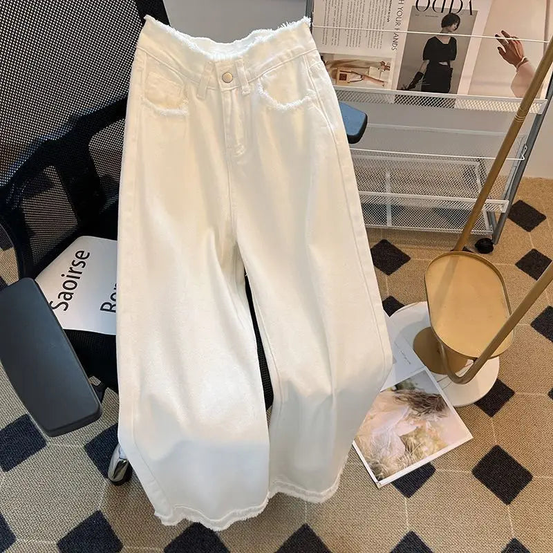 Korean Style White Loose Jeans Women Spring Summer High Waist Raw Edge Wide Leg Pants Fashion All-matched Thin Denim Long Pants Main image