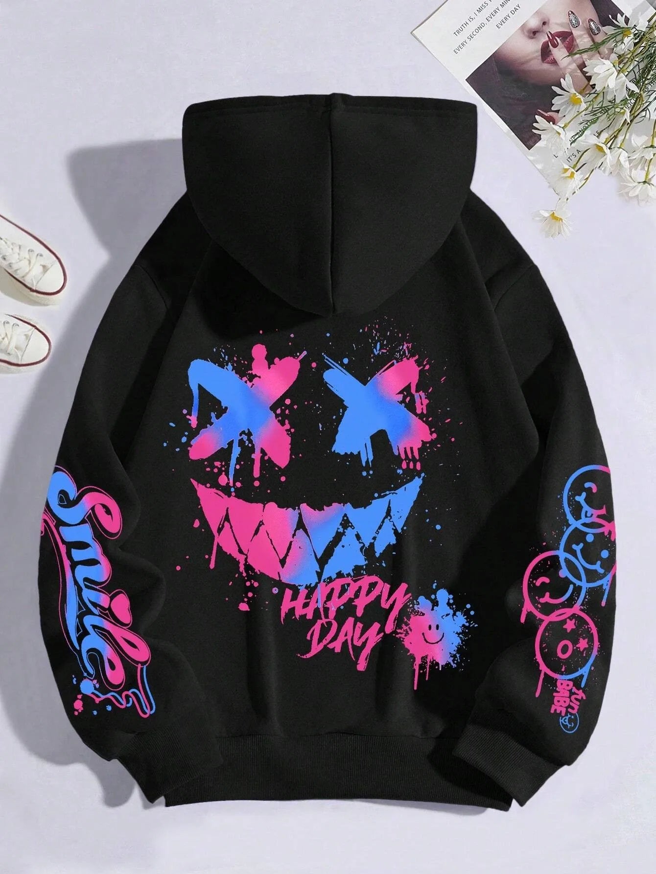 New autumn men's personalized smiling face print comfortable breathable hooded sweatshirt outdoor street fashion hooded sweatshi