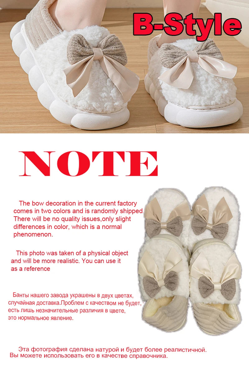 Cotton slippers for Women Autumn and Winter Thick Sole Indoor Home Warm Couples Shoes Bow Non-Slip Flat Platform Women's Slipper
