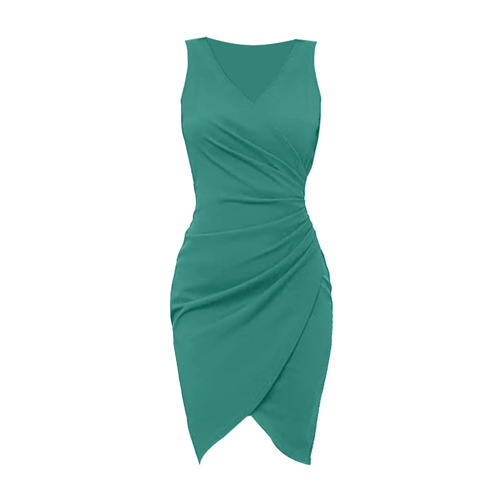 Summer Sexy Solid Sleeveless V-Neck Women Dress Hip Slim Fit Ruched Bodycon Skirt Fashion Simple Ladies Evening Party Dress