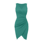 Summer Sexy Solid Sleeveless V-Neck Women Dress Hip Slim Fit Ruched Bodycon Skirt Fashion Simple Ladies Evening Party Dress