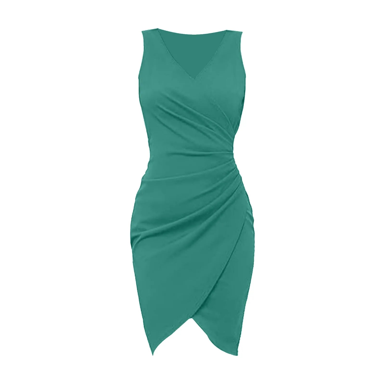 Summer Sexy Solid Sleeveless V-Neck Women Dress Hip Slim Fit Ruched Bodycon Skirt Fashion Simple Ladies Evening Party Dress