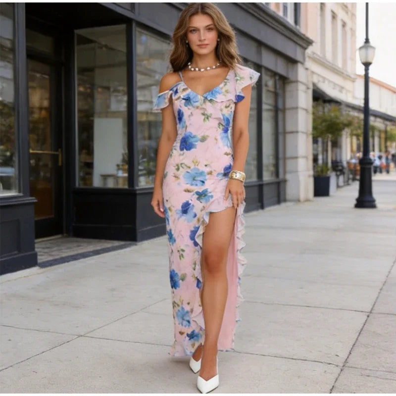 Flutter Sleeves Slim Long Dress Women Casual Pleated Deep V-neck Floral Print High Waist Dresses 2026 Lady Summer Holiday Wear