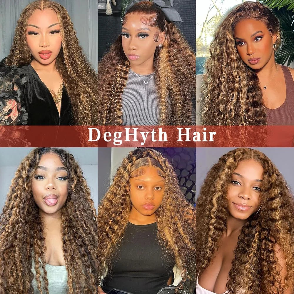 Glueless Pre Plucked Lace Front Human Hair Wigs 30 Inch 13x6 HD Ombre Highlight 4 27 Honey Blonde Deep Wave 250 Density Bouncy Hair For All Occasions