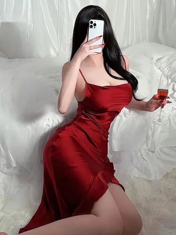 Red New Sling Sexy And Charming Ruffle Edge Bottom Split Smooth Surface Sleeveless Appear Thin Temperament Girl Long Dress 👗