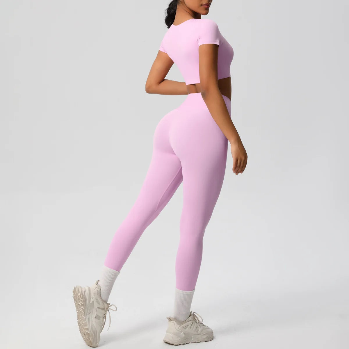 2PCS Woman Gym Sports Yoga Set Knitted Slim Workout Top Short Sleeve Quick Drying Legging Fitness Pants Running Sports Yoga Suit Secondary image