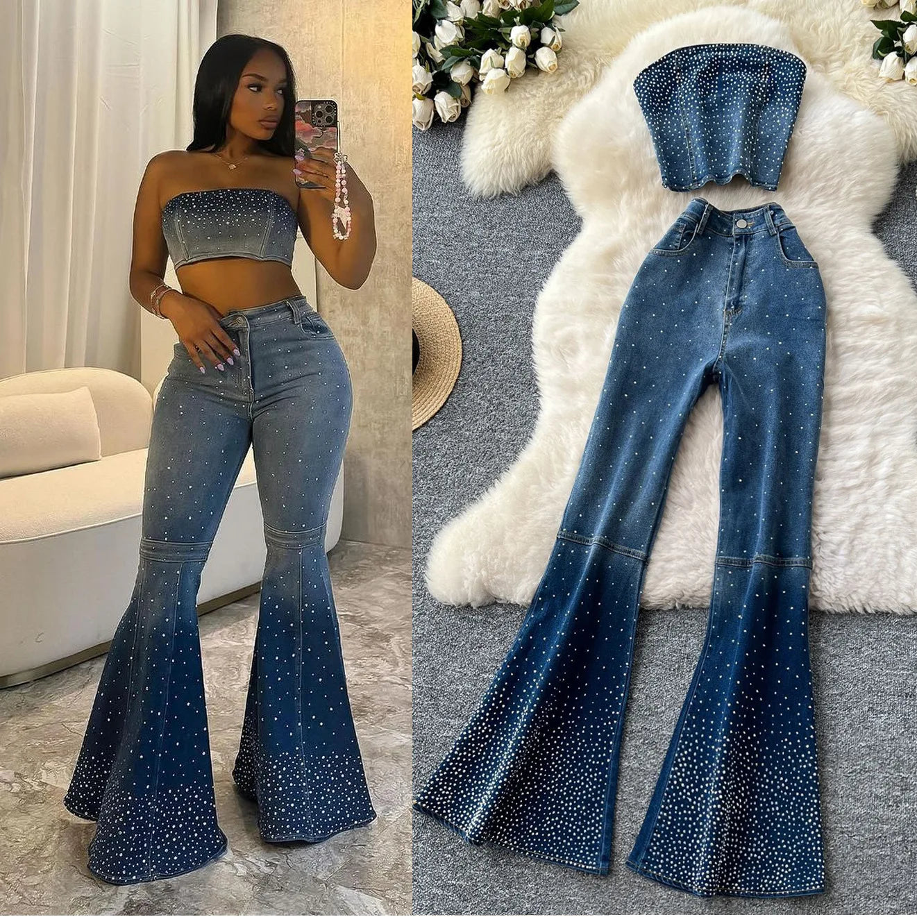 Denim Pant Set Women Two Piece Sets Sexy Matching Sets Sleeveless Short Tops Long Flare Pants High Waist Slim Hot Diamond Main image