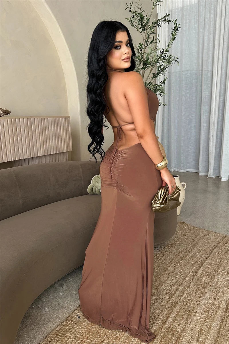 Sexy Halter Backless Mermaid Evening Dresses Woman Nightclub Prom Celebrity Metal Ring Bandage High Split Party Long Dress Robes