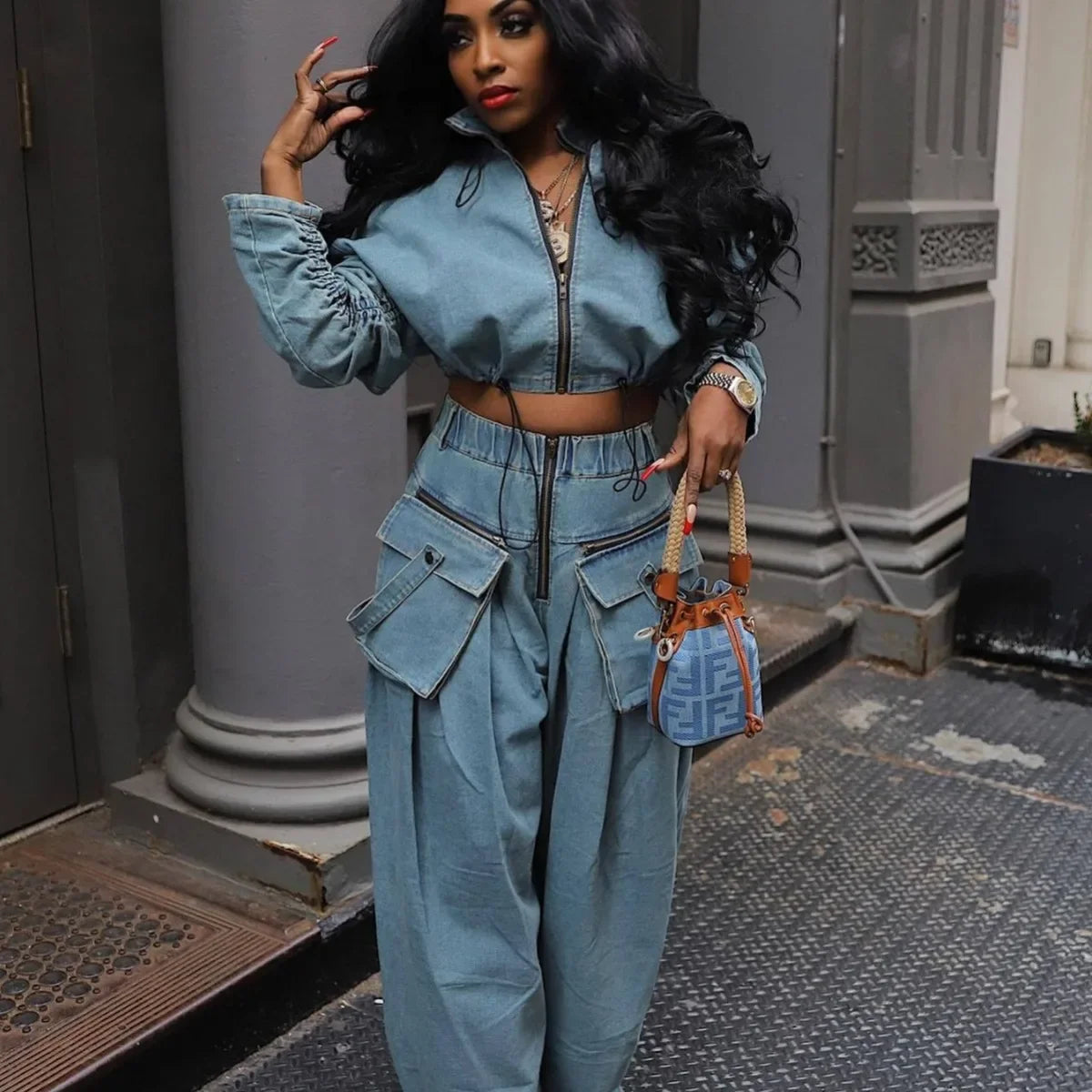 Denim Two Piece Sets Women Coat Jacket Wide Leg Pants Jeans Suits Matching Sets Trousers Outfits 2025/2026 Y2k Streetwear Party