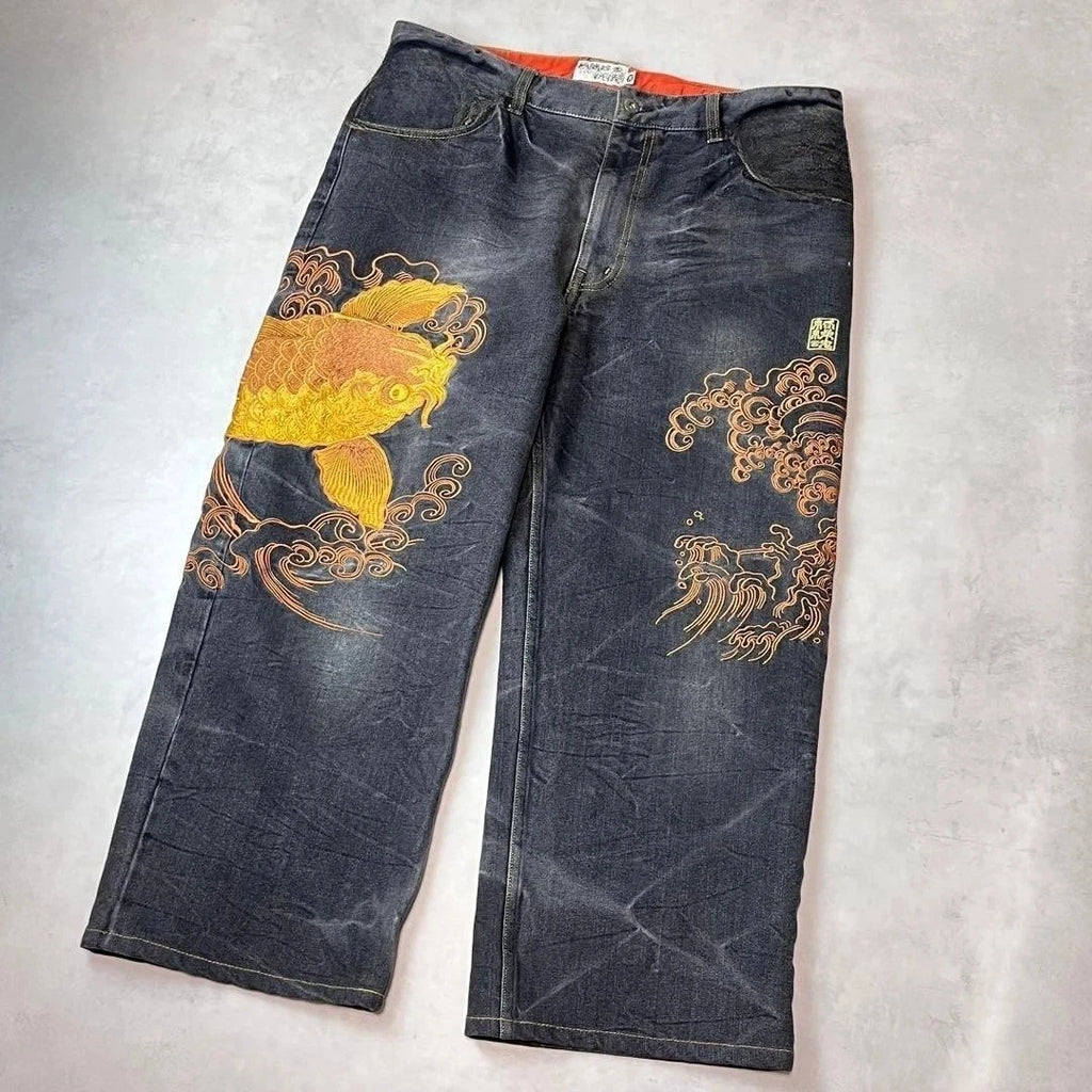 American Japanese Retro Selvedge Jeans Man Y2K High-end Brand Natural Indigo Dip Dyeing Harajuku Mopping Pants