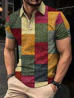 Fashion Elegant Harajuku Slim Fit Ropa Hombre Loose Casual All Match Lattice Men's POLO Shirt Printed Button Short Sleeve Tops