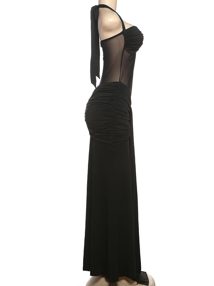 kliou Patchwork Elegant Women Maxi Dress Classic Sexy Sheer Ribbons Halter Backless Bodycon Female Trend Festival Evening Wear