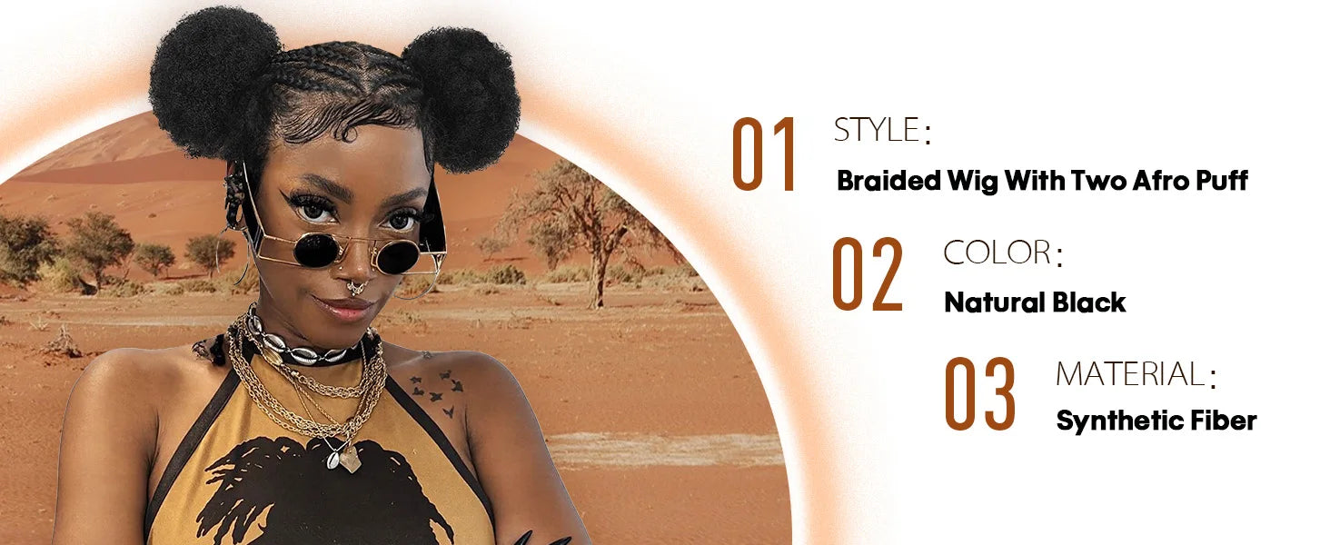 6 Inch Afro Cornrow Braided Wigs with Baby Hair Synthetic Full Lace Braid Wig Double Ponytail Bun Head Knotless Wig