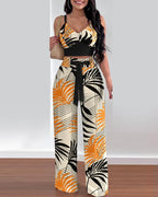 2 Piece Outfits For Women 2025 Sexy V-Neck Strap Shirred Slim Crop Top & Lace-up Wide Leg Pants Sets Elegant Office Lady Suit