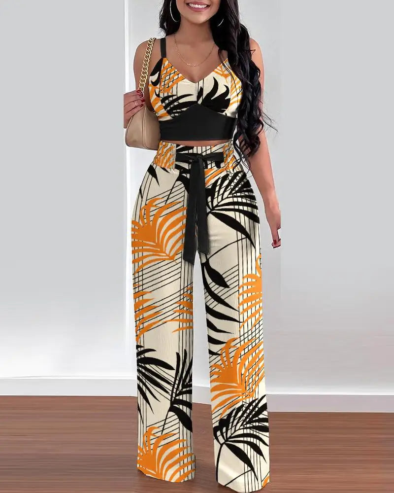 2 Piece Outfits For Women 2025 Sexy V-Neck Strap Shirred Slim Crop Top & Lace-up Wide Leg Pants Sets Elegant Office Lady Suit