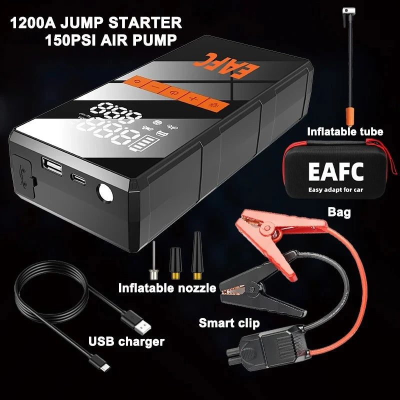 EAFC 1200A Smart Car Jump Starter with 150PSI Air Pump -8000mAh Power Bank  LED Light Smart Inflate for Cars Motorcycles Trucks