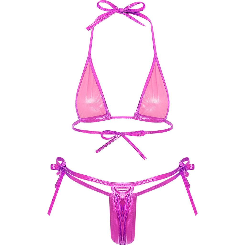 Womens Brazilian Micro Bikini Swimsuit Biquini Set Lacing Non-Padded Triangle Cup Bra Top with G-String Metallic Shiny Swimwear