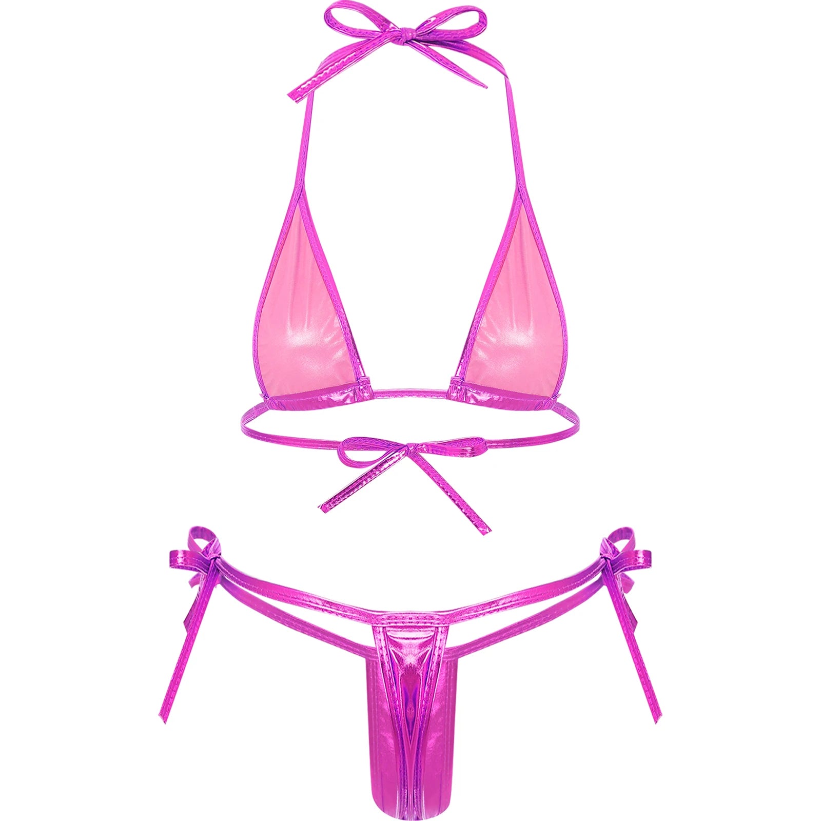 Womens Brazilian Micro Bikini Swimsuit Biquini Set Lacing Non-Padded Triangle Cup Bra Top with G-String Metallic Shiny Swimwear