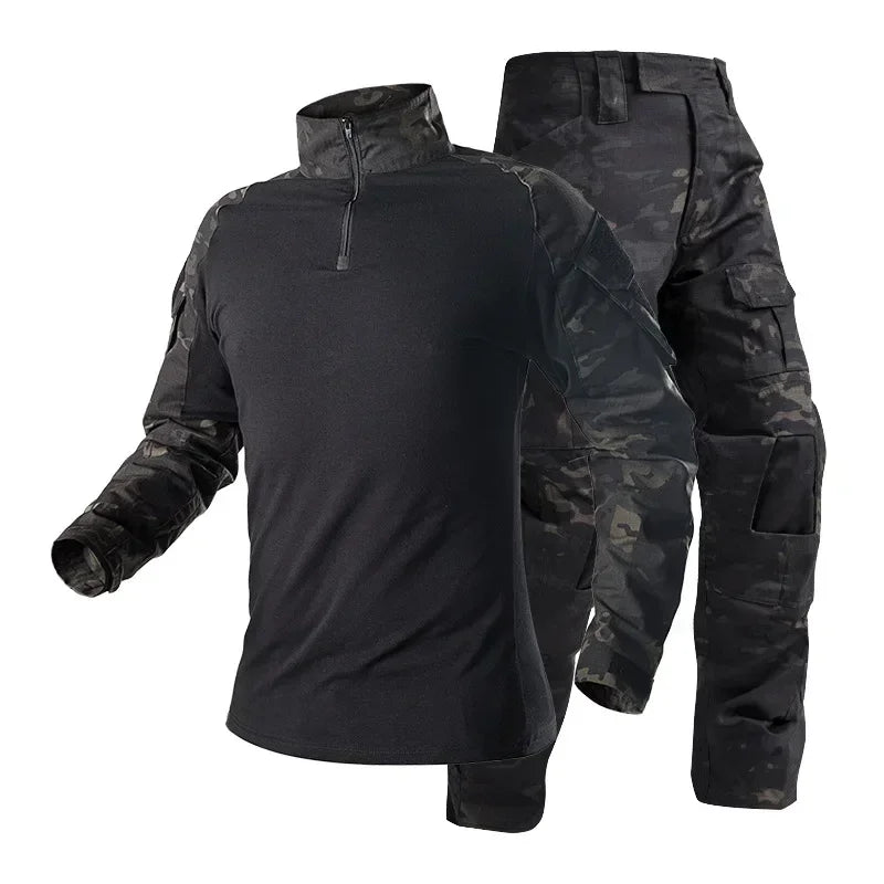 Camo Tactical Sets Outdoor Long Sleeve Wear-resisting T Shirts+Multi-pocket Tactic Cargo Pants Suit Training Workwear Combat Set