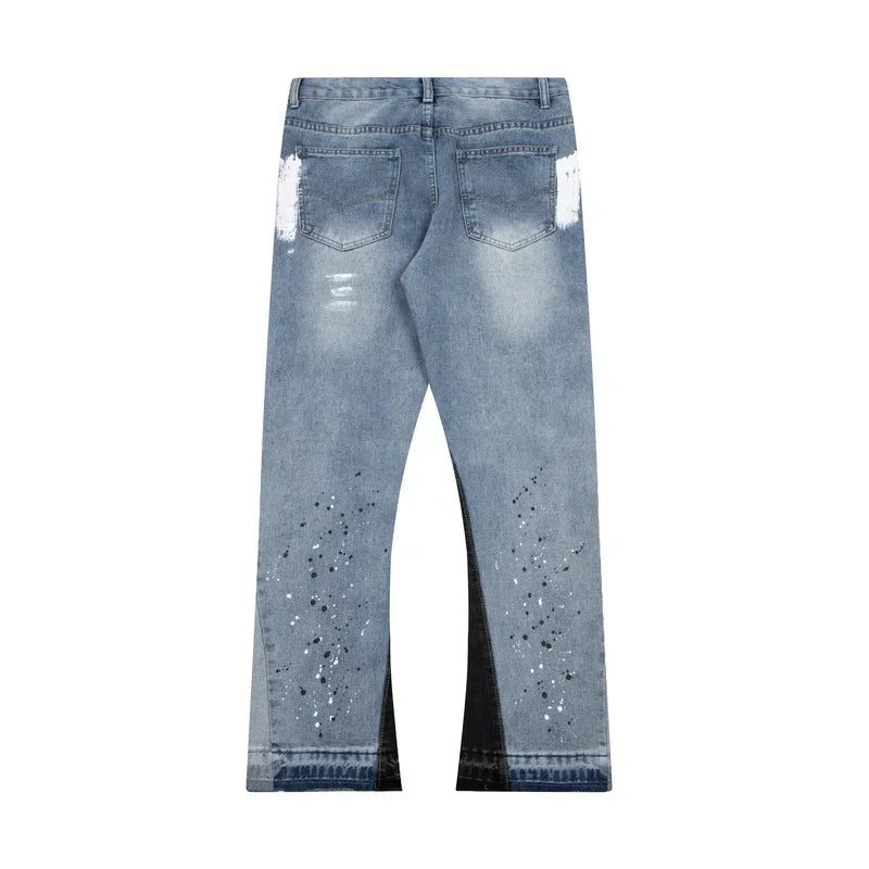 American retro washed letter spliced denim trousers high street trendy brand couple loose straight micro-flared long trousers Secondary image