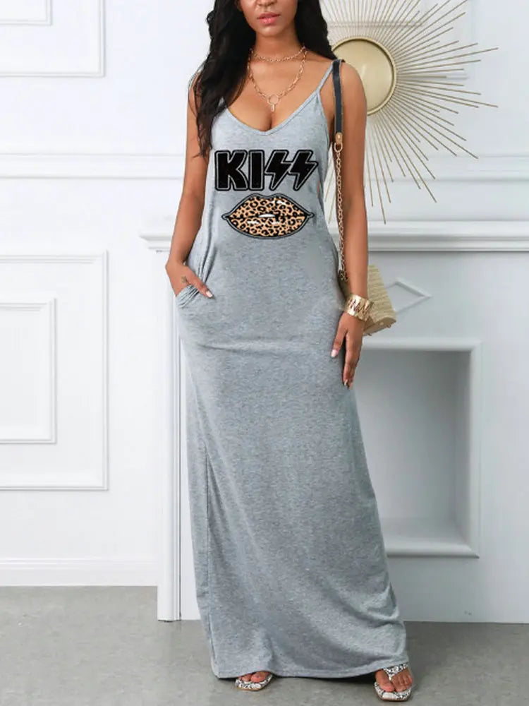 Women's Summer Sexy Suspender Printed Dress Pocket T-shirt Style Mini Dresses Summer Casual Loose Dress Vestidos Main image