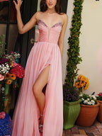 Customized Evening Dress Sexy Deep V Neck Sleeveless Crystal Beading Pleat Split A Line Sweep Train Prom Gown Party Dresses