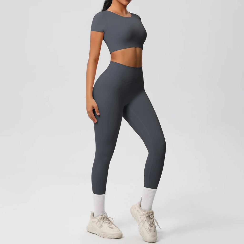 2PCS Woman Gym Sports Yoga Set Knitted Slim Workout Top Short Sleeve Quick Drying Legging Fitness Pants Running Sports Yoga Suit